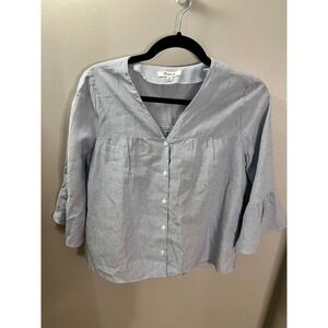 Madewell Womens XS Blue and White Nautical Pinstripe Bell Sleeve V-Neck Blouse